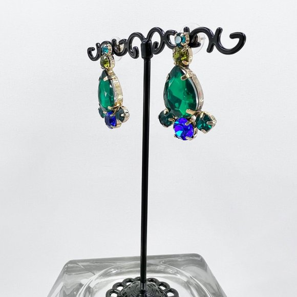 Green & Blue Tear Drop Rhinestone Costume Post Earrings - Picture 3 of 6